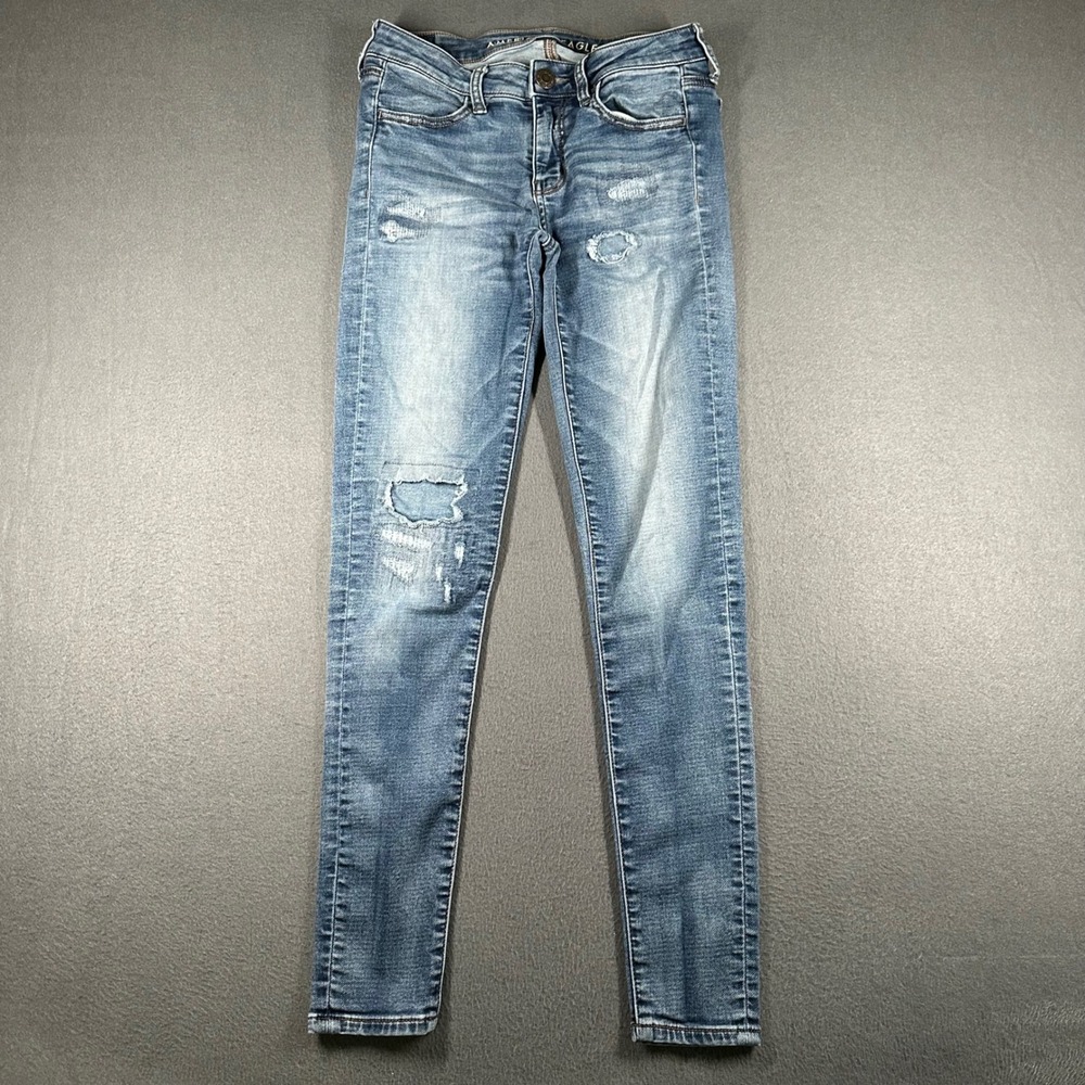 American Eagle Jeggings Size 2 Regular Wash Distressed Super Stretch Denim Jeans
